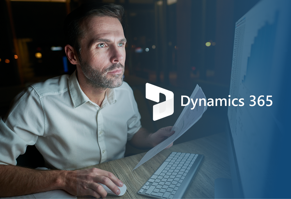Business man focused on screen and using Microsoft Dynamics 365